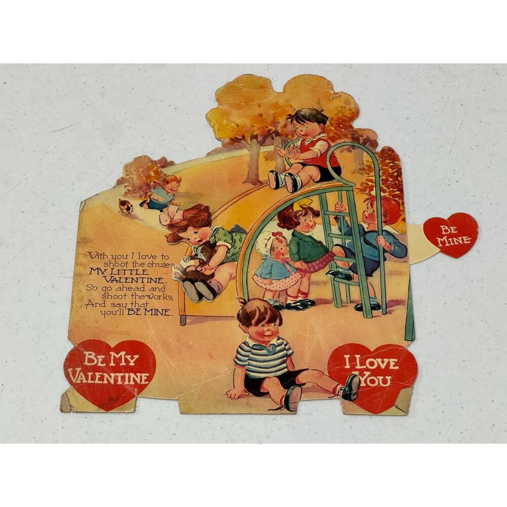Large Vintage 1930s-40s Mechanical Valentine Card Kids Playground READ